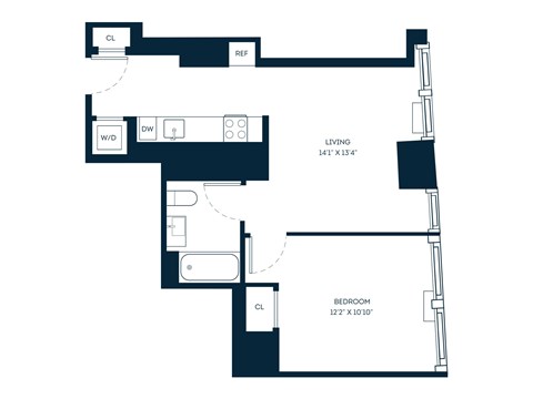 Floor plan for 1 bed, 1 bath, 567 sqft